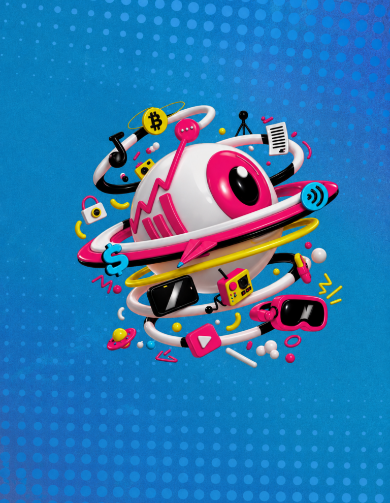 Ilustração da Arena Creator Economy com elementos de conteúdo, tecnologia, mídia e economia digital.